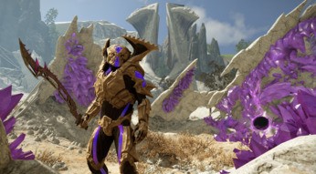 Ein Charakter steht in der Open World von Elex 2 und rüstet sich für einen Kampf