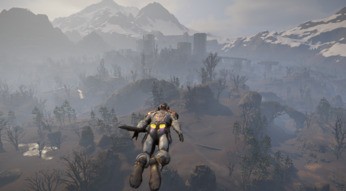 Ein Charakter fliegt in "Elex 2" mit seinem Jetpack durch die Luft.