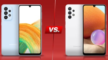 ZWei Samsung-Smartphones vor rotem Hintergrund: Galaxy A33 5G und Galaxy A32 5G