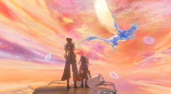 Zwei Charaktere stehen in Guild Wars 2: End of Dragons auf einer Klippe