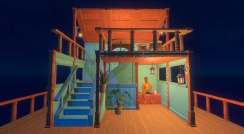 Ein Floß in Raft auf dem sich eine kleine Hütte befindet