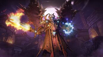 Animierte Fantasygestalt mit Flügeln und flammendem Schwert schwebend