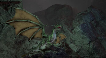 Auf einem Felsen steht ein Drache und breitet seine Flügel aus im Spiel Colossal Cave Adventure 3D