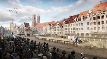 Ritterturnier auf dem Marienplatz zur Fürstenhochzeit von 1568 in der VR-Erlebnis-Tour TimeRide Go!
