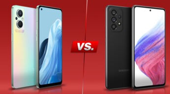 Smartphones OPPO Reno 8 Lite 5G und Galaxy A53 5G von beiden Seiten vor rotem Hintergrund