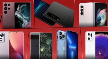 Collage mit Flaggschiff-Smartphones 2022 vor rotem Hintergrund