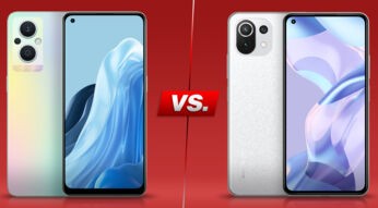 Smartphones OPPO Reno8 Lite 5G und Xiaomi 11 Lite 5G NE von beiden Seiten vor rotem Hintergrund