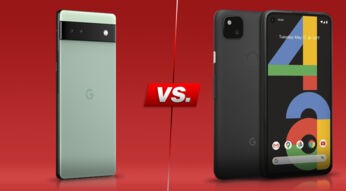 Smartphones Pixel 6a und Pixel 4a nebeneinander vor rotem Hintergrund