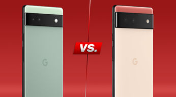 Die beiden Google-Handys Pixel 6a und Pixel 6 nebeneinander vor rotem Hintergrund