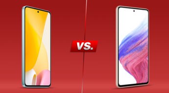 ZWei Smartphones von vorne vor rotem Hintergrund: Xiaomi 12 Lite 5G und Galaxy A53 5G