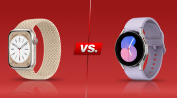 Smartwatches Apple Watch 8 und Galaxy Watch 8 aus schräger Perspoektive nebeneinander vor rotem Hintergrund