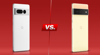 Rückseiten der Smartphones Pixel 7 Pro und Pixel 6 Pro vor rotem Hintergrund