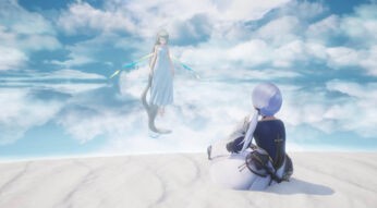 Der Protagonist sitzt in Harvestella vor einem mysteriösen Wesen