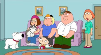 Eine Cartoonfamilie im Wohnzimmer.