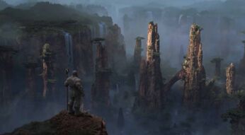 Ein Steinwächter steht an einer Klippe und schaut in WoW: Dragonflight auf das Land der Dracheninseln.