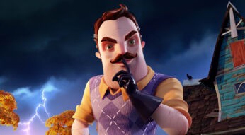Hello Neighbor 2 - eine Figur mit Gummihandschuhen hält einen Finger an die Lippen, vor Gewitterkulisse