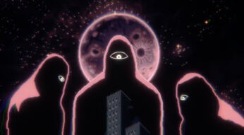 Drei düstere Gestalten mit je einem leuchtenden Auge im Gesicht.