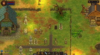 Screenshot des Spiels Graveyard Keeper, ein Friedhof aus der Vogelperspektive