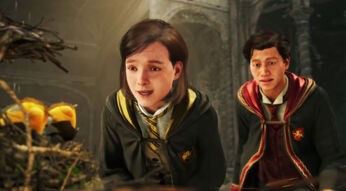 Ein Schüler und eine Schülerin in Hogwarts Legacy