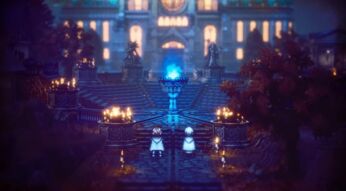 Ein Vorplatz mit einer blauen Flamme in einer Fackel mit einem Schloss im Hintergrund