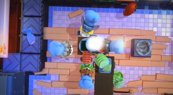 Vier Spielercharaktere kochen gemeinsam in Overcooked 2