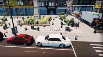 Ein Auto parkt auf einer Straße in der Stadt New York City im Spiel Big Ambitions