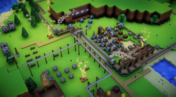 Eine Insel in Kubifaktorium mit Lager und Eisenbahn