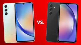 Samsung-Smartphones Galaxy A34 und Galaxy A54 vor rotem Hintergrund