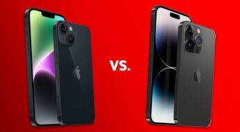 iPhone-Modelle iPhone 14 und iPhone 14 Pro Max nebeneinander vor rotem Hintergrund