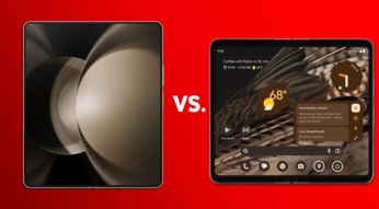 Das Samsung Galaxy Fold5 und das Google Pixel vor rotem Hintergrund