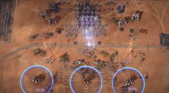 Ein Schlachtfeld mit vielen Einheiten in Mechabellum