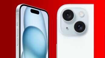 Das iPhone 15 vor rotem Hintergrund