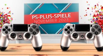 Zwei PlayStation-Controller nebeneinander, im Hintergrund der Banner für die PS-Plus-Games im Juli 2023