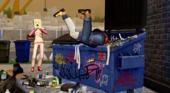 Ein Sim wühlt in Sims 4 kopfüber in einem Müllcontainer
