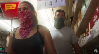 Screenshot aus dem Trailer von GTA 6: Eine Frau und eine Mann mit vermummten Gesichtern