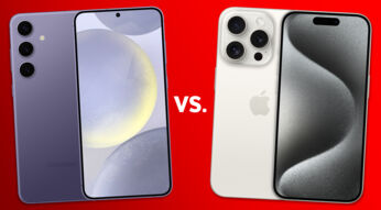 Das Galaxy S24 Plus und das iPhone 15 Pro vor rotem Hintergrund