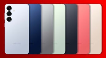 Das Samsung Galaxy S25 in allen sieben Farbvarianten vor rotem Hintergrund