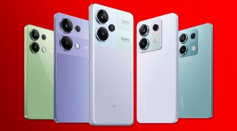 Das Smartphone Redmi Note 13 Pro+ 5G in fünf Farben vor rotem Hintergrund