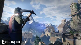 Mann steht mit Axt vor einer Landschaft in Enshrouded