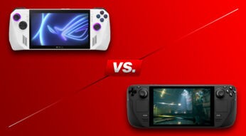 Asus ROG Ally vs. Steam Deck: Die Konsolen vor rotem Hintergrund