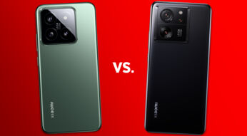 Die Smartphones Xiaomi 14 und Xiaomi 13T vor rotem Hintergrund