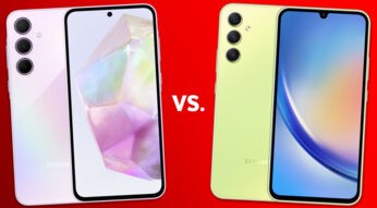 Die Smartphones Samsung Galaxy A35 und A34 vor rotem Hintergrund