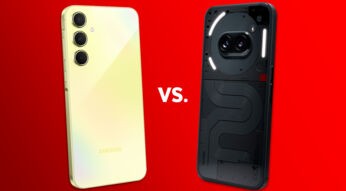 Das Galaxy A55 (links) und das Nothing Phone (2a) (rechts) vor rotem Hintergrund