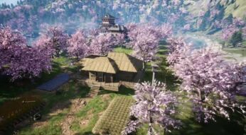 Eine Base zwischen Kirschblütenbäumen in Myth of Empires