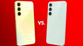 Zwei Smartphones vor rotem Hintergrund: links das Galaxy A55 5G, rechts das