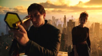 Der Architekt Cesar Catilina und die Tochter des Bürgermeisters Julia stehen vor der Kulisse von Megalopolis.