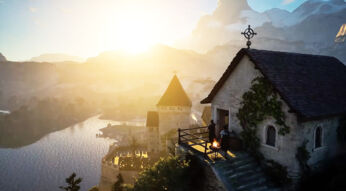 Ein Spielerhaus auf einer Klippe über einem See in Pax Dei