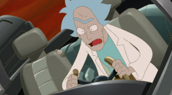 Auf dem Bild zu "Rick and Morty: The Anime" sitzt Rick hektisch am Steuer mit geöffnetem Mund.