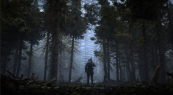 In diesem Bild aus "Stalker 2" steht eine einsame Figur, bewaffnet und mit einem Rucksack, in einem dichten, düsteren Wald. Die hohen, dunklen Bäume umgeben sie, während im Hintergrund eine gigantische, verrostete Metallstruktur zwischen den Bäumen sichtbar ist. Die Szene ist in nebliges, diffuses Licht getaucht, was eine bedrohliche und mysteriöse Atmosphäre erzeugt, die das Gefühl von Isolation und Gefahr verstärkt.