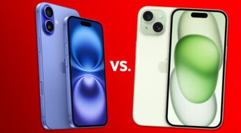 Das iPhone 16 und das iPhone 15 vor rotem Hintergrund